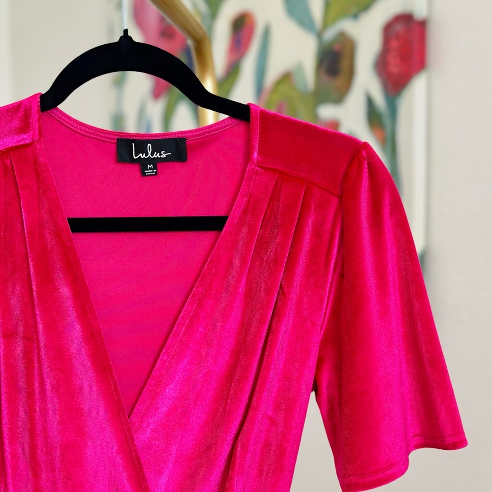 Lulus Amour Hot Pink Velvet High Low Wrap Dress
